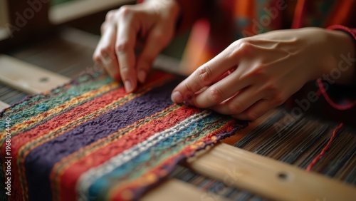 Hands of traditional weaver creating colorful textile on wooden loom, bokeh warm ethnic workshop background