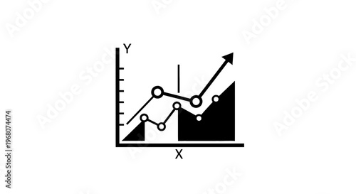 A black and white line graph depicting data trends, with rising arrow and shaded areas