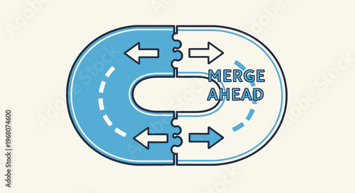 A stylized road sign depicts merging traffic with directional arrows and text "Merge Ahead
