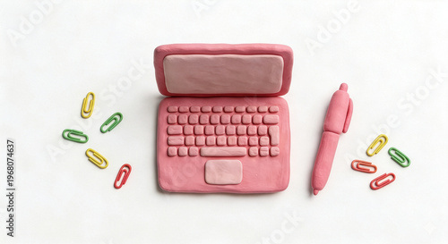 Pink clay laptop pen office stationery transparent PNG