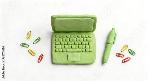 Green clay laptop pen office stationery transparent PNG
