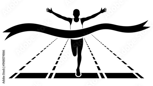 A powerful silhouette of an athlete crossing the finish line, celebrating a hard-earned victory.
