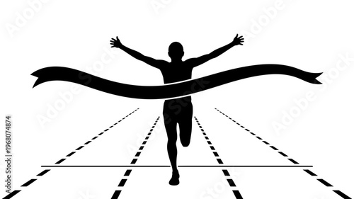 A triumphant silhouette of a runner crossing the finish line with arms raised in victory.