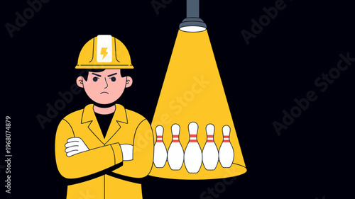 A man in a yellow hard hat and work jacket stands critically observing illuminated bowling pins.