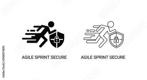 Agile sprint, secure icons, shield and runner logos, black and white vector graphics