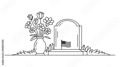 A touching line art illustration shows a gravestone with a small American flag and a vase of flowers.