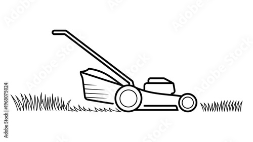 A clean line art illustration presents a push lawnmower cutting a strip of green grass.