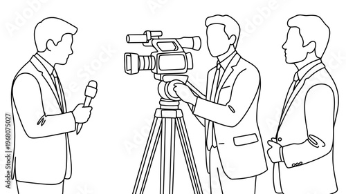 A line art illustration depicts a news crew with a reporter, cameraman, and observer during an interview.