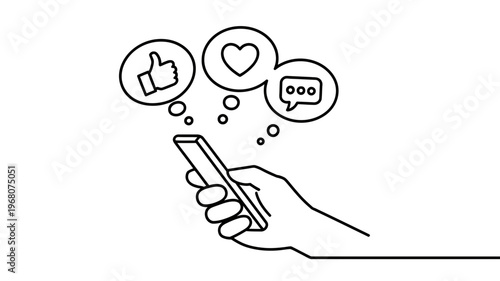 A hand holding a smartphone with social media notification icons floating above it.