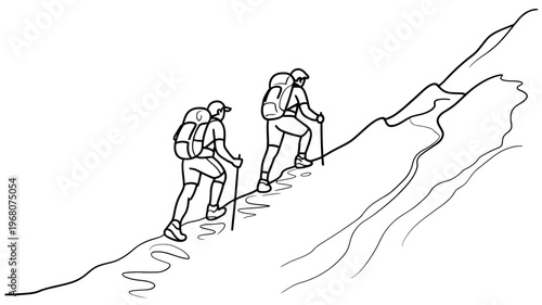 Two intrepid hikers with backpacks and poles ascend a steep mountain trail.