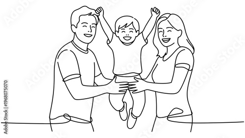 A joyful family of three, with parents playfully lifting their happy child in the air.