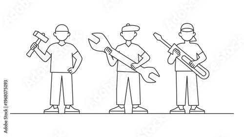 Three dedicated construction workers proudly displaying their heavy-duty tools.