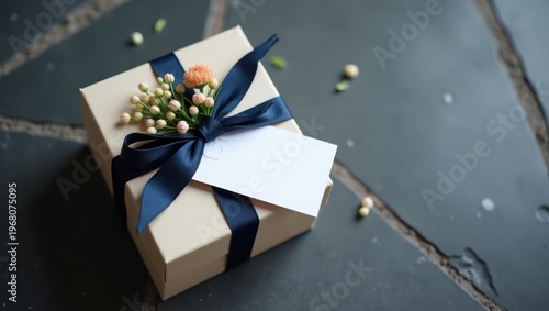 A beautifully wrapped gift floating on calm waters with a decorative ribbon and flower.