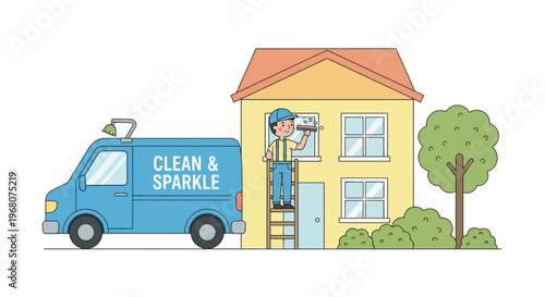 Cartoon depicts a house cleaning service. A worker cleans a window with van