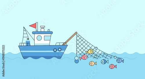 A blue fishing boat with a net catching colorful fish in a flat, pastel ocean