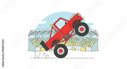 Cartoon illustration of a red monster truck performing a stunt in front of a stadium crowd