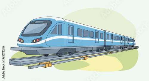 Blue cartoon train traveling on tracks, surrounded by pale green and yellow