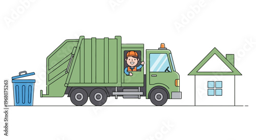 A garbage truck, driver waving, house, and trash bin are illustrated in a simple cartoon