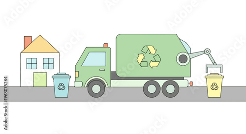 A vector illustration depicts a recycling truck collecting bins near a house