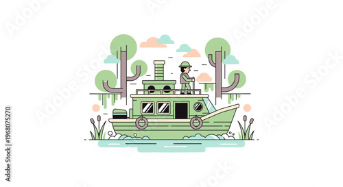 A flat illustration of a boat in a waterway with person, trees, clouds