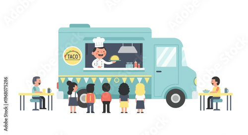Illustration of a food truck with customers, a chef, and people enjoying food