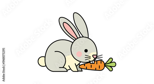 A cartoon rabbit, grey with pink ears and cheek, nibbles a carrot