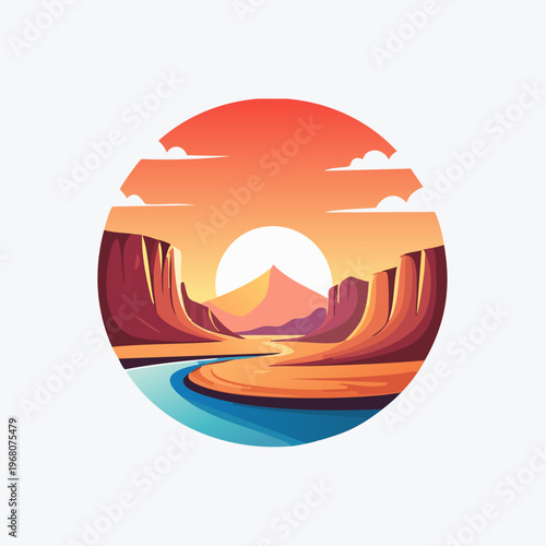 Vibrant Desert Landscape with River and Sunset Illustration.