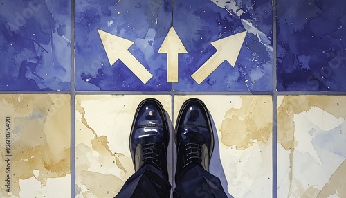 Man's shoes and direction arrows, choice, decision concept