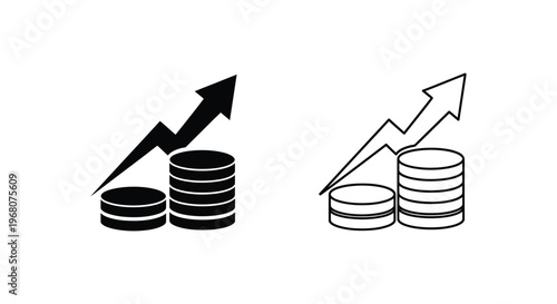 Financial growth icons, money stack with arrow, profit increase symbols, business finance graphics