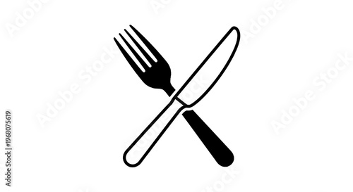 Black & white graphic of crossed fork and knife, on white background