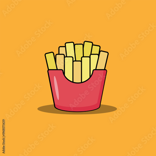Vector cartoon illustration of delicious french fries in a red carton box on orange background.