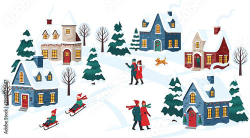 Winter Village Scene with Houses, Trees, and People Skating