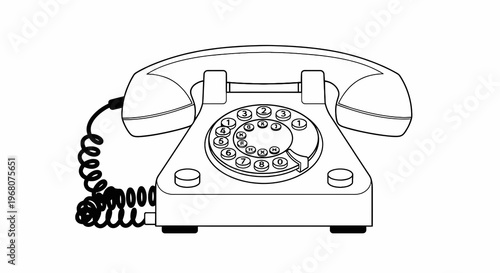 Vector line drawing of an old-fashioned rotary dial telephone with receiver
