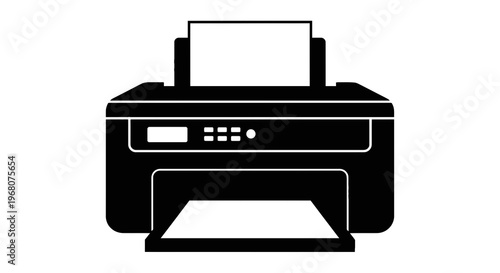 A black and white vector graphic of a printer, with a paper tray and paper loaded