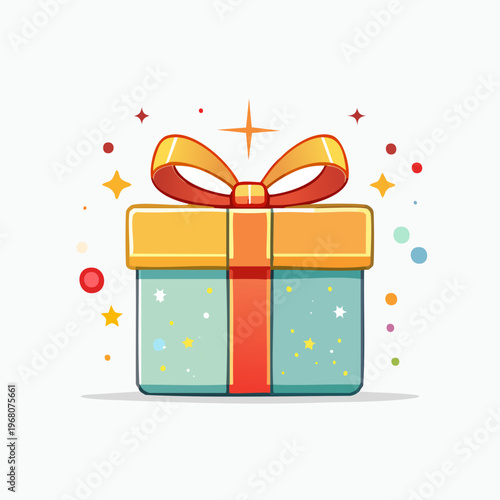 Vibrant Gift Box with Golden Ribbon and Sparkling Confetti.