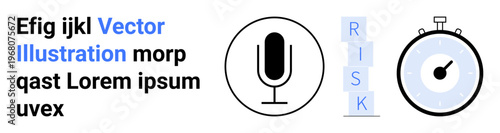 Risk management, time sensitivity, communication, strategic planning, decision-making, data analysis. Microphone, risk blocks stopwatch visually presented. Risk management and time sensitivity