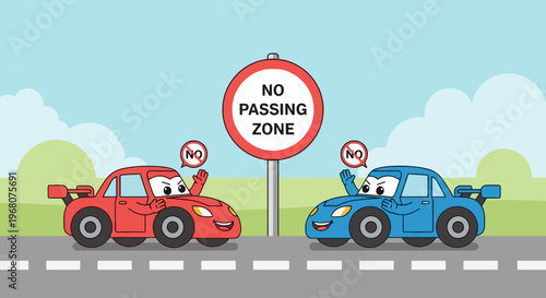 Animated cartoon shows two cars, one red and one blue, with a "No Passing Zone" sign
