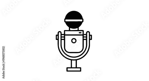 Black and white icon of a vintage microphone. Includes base, head, and holder