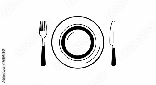 A simple, symmetrical illustration of a dining setting plate, fork, and knife