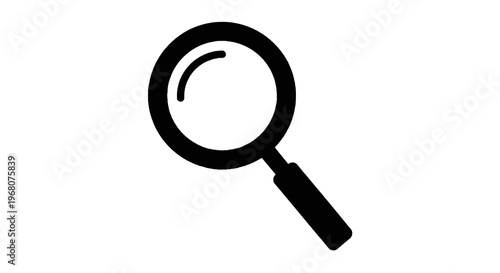 A black, minimalist magnifying glass with a circular lens and a handle, on a white background