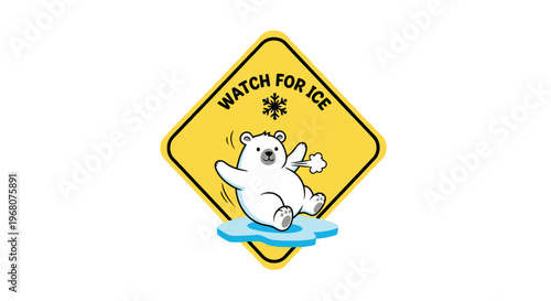 Cartoon illustration featuring a polar bear on a sign warning of ice