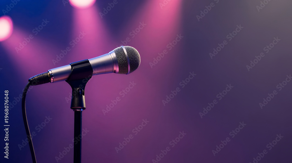 Obraz premium Modern Professional Microphone on Stand Stage Spotlight Equipment Still Life