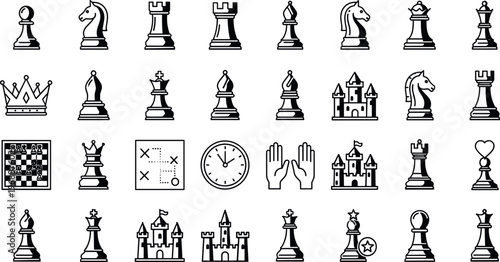 Chess Icon Set with King Queen Rook Bishop Knight Pawn Chessboard and Game Symbols for Strategy, Board Games, Apps, Websites and Logo Design