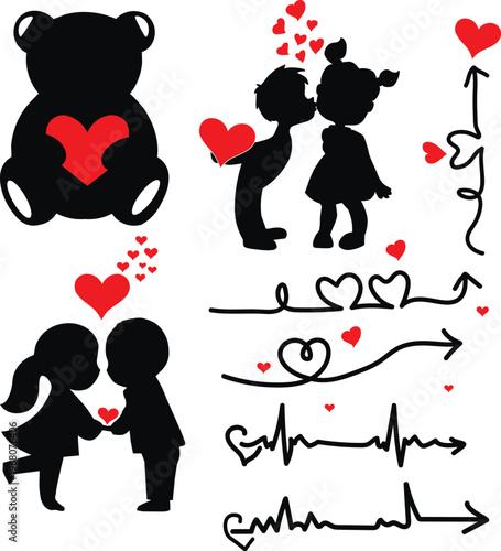 Cartoon vector illustration of a happy romantic couple with pink hearts for a Valentine Day wedding card design