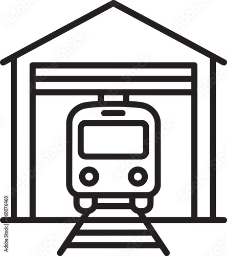 Linear icon of railway train resting inside large industrial warehouse depot garage building for transport infrastructure