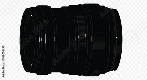 A black cylindrical object resembling a camera lens or telescope component sits isolated on a transparent background.