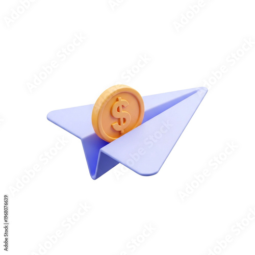 3d icon of a paper airplane carrying a gold dollar coin for quick financial transactions, fast money transfer and digital payment concept, efficient banking service illustration