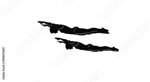 Two silhouetted swimmers glide through the water in parallel formation, showcasing athletic precision and movement.
