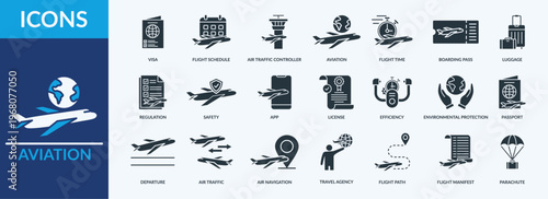 Aviation icon set vector illustration. Containing icon of passport, flight schedule, departure and more. Glyph solid icon symbol collection