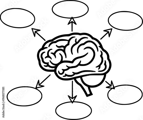 Black and White Brain Diagram with Outgoing Arrows and Empty Text Bubbles mind thinking